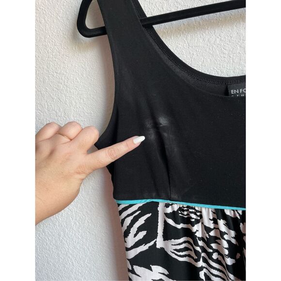 Tropical‎ Resort Tank Dress En Focus Studio Women 14 Black White Leaf Summer - Picture 4 of 8